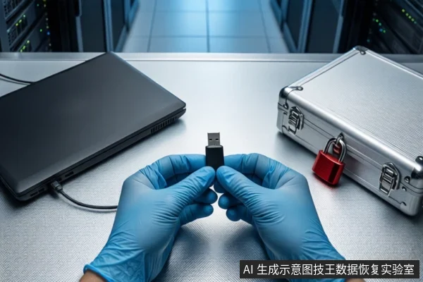 洁净室白色桌面上,戴蓝色手套的双手正持握一个黑色USB闪存盘,左侧为一台屏幕关闭的黑色笔记本电脑,右侧为挂有红色挂锁的银色金属防震箱,背景可见服务器机柜。