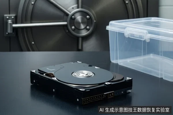 黑色桌面上放置一块打开外壳的机械硬盘,旁边有一个透明塑料收纳盒,背景为深色金属设备。