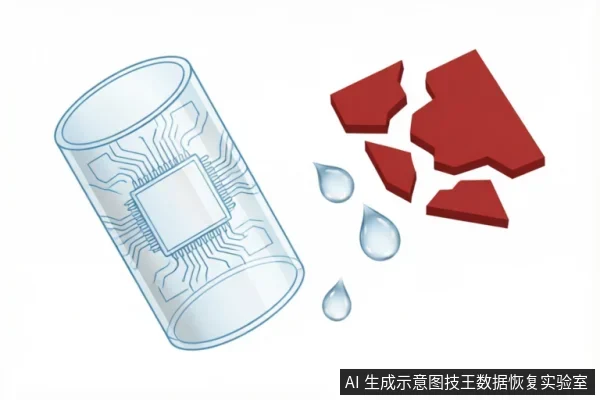 画面展示了一个带有电路纹理的透明圆柱体芯片,旁边散落着红色的破碎碎片和几滴蓝色水滴。该示意图直观表现了水分导致电子元件受损、短路或结构崩坏的后果。