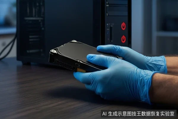 深色桌面上,一双戴蓝色手套的手持握一块黑色机械硬盘,背景为亮着红灯的黑色塔式主机。