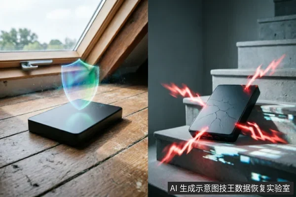 图片分为左右两部分:左侧展示一个放置在木窗台上的黑色硬盘,上方悬浮着发光的彩色盾牌,象征数据防护;右侧展示一个屏幕碎裂的硬盘掉落在混凝土台阶上,周围环绕红色闪电特效,象征物理损坏与危险。