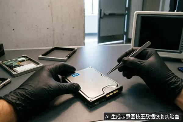 戴黑色防静电手套的技术人员手持镊子,正在检查一块WD品牌机械硬盘。背景可见拆解的硬盘组件及专业检测仪器,展示了数据恢复实验室中对硬件进行物理评估的场景。