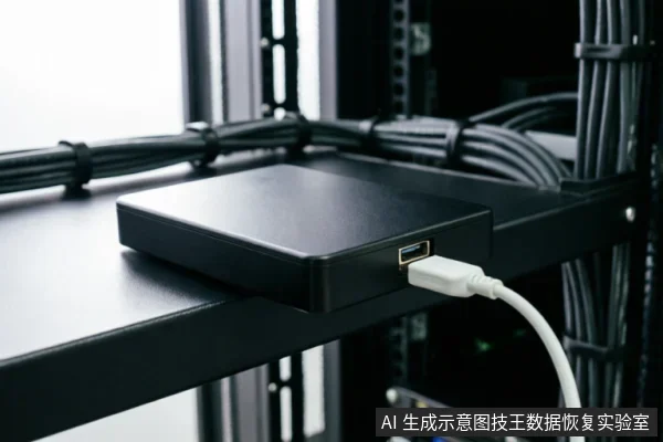 一个黑色的USB硬盘盒放置在服务器机柜的层架上,侧面连接着一根白色数据线。背景可见整齐捆绑的黑色线缆,展示了将存储设备通过外部接口接入环境的硬件状态。