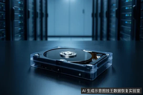 机房背景前,深色桌面上放置一个透明外壳的机械硬盘,可见盘片与中心主轴。