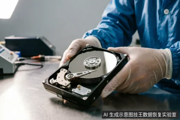 A technician in a blue cleanroom suit and gloves holds an open hard drive, exposing the platters and actuator arm to demonstrate professional hardware handling.