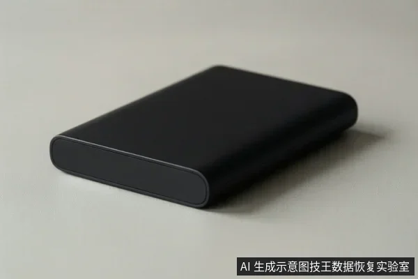 一个黑色移动硬盘平放在浅色桌面上，设备表面无可见文字，画面中没有人物或操作动作。