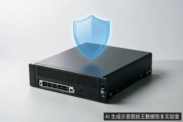一台黑色的机架式存储服务器设备,正面可见多个SAS/SATA硬盘接口及散热孔。设备上方悬浮着一个发光的蓝色半透明盾牌图标,象征安全防护与数据保护。