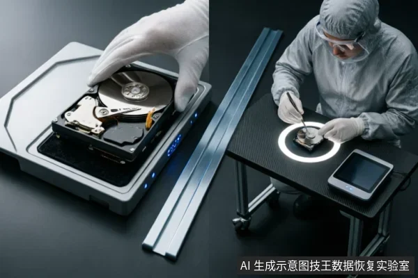 左图展示一只戴白手套的手将机械硬盘放入带有蓝色指示灯的专业检测底座中；右图显示身穿无尘服的技术人员使用工具在环形灯下对拆解的硬盘进行精细维修。画面体现了专业数据恢复与硬件检测场景。