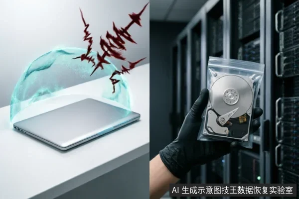 左图展示一台闭合的笔记本电脑被蓝色能量罩保护,上方有红色闪电状符号象征数字威胁或故障;右图为戴黑色手套的手在服务器机房背景前拿着装在防静电袋中的机械硬盘。