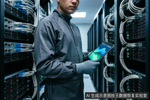 一名身穿深色防静电工作服的技术人员站在服务器机房过道中，双手戴着灰色手套持握一台平板电脑。平板屏幕显示着蓝绿色的抽象波浪图形，背景两侧是排列整齐且连接着密集网线的黑色服务器机柜，展现了专业数据环境下的设备检测场景。
