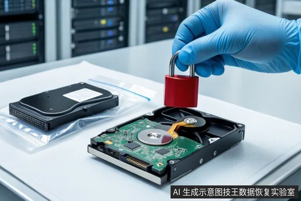 白色桌面上，前景一只戴蓝色手套的手持红色挂锁悬停在打开外壳的机械硬盘上方，左侧透明袋内装有一块硬盘，背景为模糊的服务器机柜。