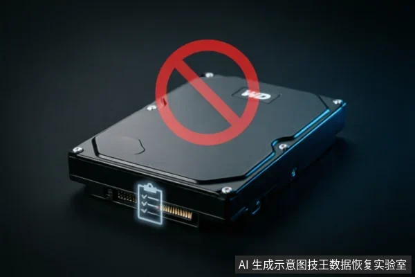 一张黑色机械硬盘置于深色背景中，接口处浮现发光的剪贴板图标象征记录状态，硬盘上方叠加巨大的红色禁止符号，示意停止通电与写入操作。
