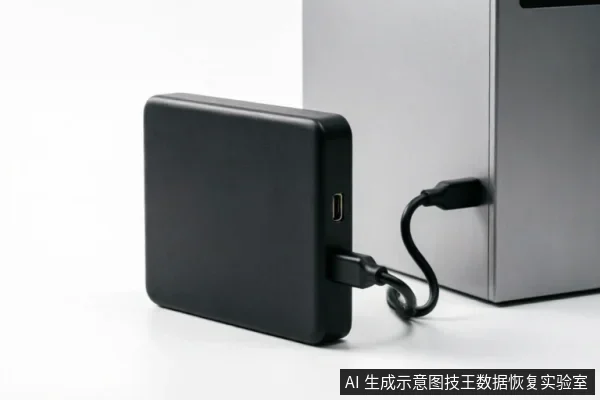 画面展示一个黑色方形移动硬盘通过USB数据线连接至银灰色计算机主机侧面接口,线缆呈自然弯曲状,背景简洁,清晰呈现外部存储设备与主机的物理连接状态。
