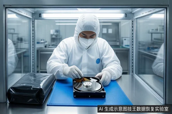 洁净室环境中，一名身穿白色无尘服、戴口罩和头套的技术人员，正手持螺丝刀对蓝色防静电垫上打开外壳的机械硬盘进行维修操作。左侧放置一个黑色防静电袋，背景可见洁净室玻璃隔断和设备。