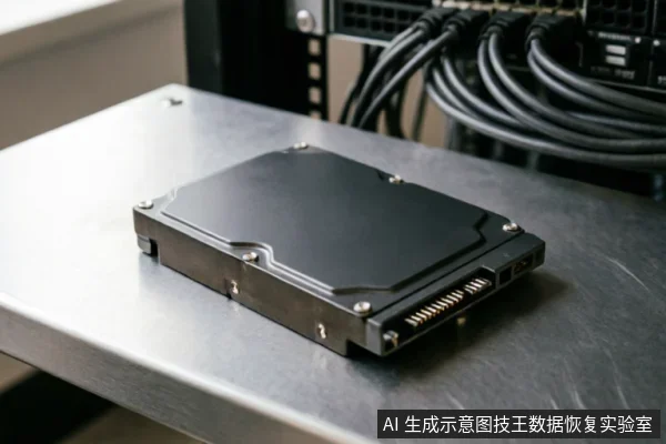 一块黑色的3.5英寸机械硬盘静置于金属工作台上,侧面SATA数据与电源接口清晰可见。背景虚化处有服务器机架及连接线缆,呈现出专业的数据存储设备检测环境。