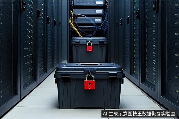 服务器机房通道中央,前景放置一个闭合的黑色防震箱,箱体正面挂着一把红色挂锁。背景中可见另一台挂有红色挂锁的防震箱,以及两侧排列的服务器机柜。