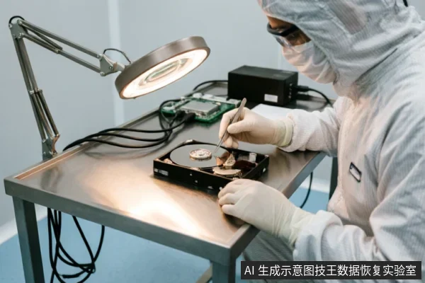 身穿全套白色无尘服、佩戴护目镜和手套的技术人员，在不锈钢工作台上使用专业工具拆解硬盘。明亮的环形灯照亮了暴露的磁盘盘片，背景可见绿色电路板及黑色电源设备，展示了数据恢复实验室内的精密作业环境。