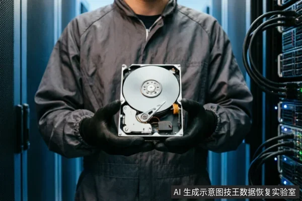 一名身穿灰色防静电服、佩戴黑色手套的技术人员,在服务器机房背景前双手托举展示一块已打开外壳的机械硬盘。画面清晰呈现了内部的磁盘盘片与读写磁头臂结构,体现了数据恢复或硬件检测的专业场景。