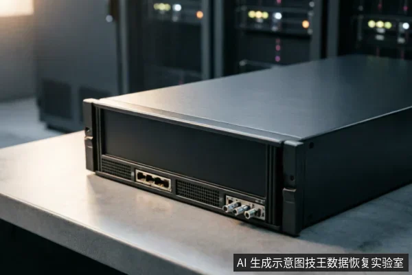 一台黑色的机架式服务器存储设备放置在灰色工作台上,设备后部面板清晰展示了多个网络接口和金属连接端口,背景为模糊的数据中心机柜环境。