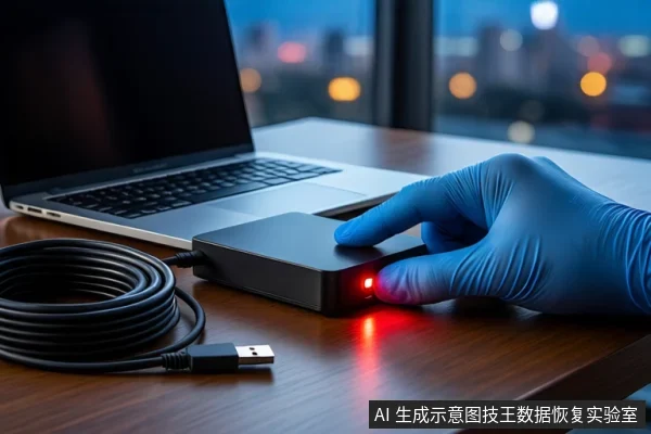 深色木桌上,一只戴蓝色手套的手正按压黑色外接硬盘盒的红色指示灯。左侧有一台银色笔记本电脑和一根盘绕的USB线缆。背景是模糊的城市夜景窗户。