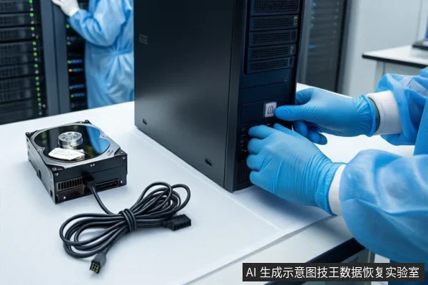 洁净室白色桌面上,戴蓝色手套的双手正按压黑色塔式主机正面的电源按钮。左侧平放一块打开外壳的机械硬盘,前景盘绕着一根黑色SATA数据线。背景可见服务器机柜和穿蓝色无尘服的技术人员。