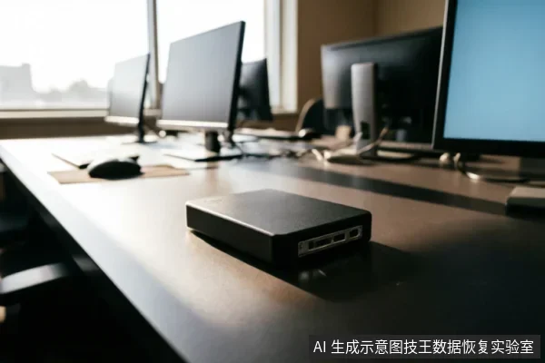 一张黑色移动硬盘静置于深色办公桌面上,侧面USB接口清晰可见。背景虚化显示多台电脑显示器,营造出网吧或计算机机房的高并发工作环境氛围,作为技术插图使用。