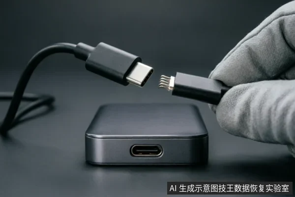 A gloved hand holds a USB-C cable connector near a black rectangular device, illustrating the physical connection interface and verifying connection integrity.