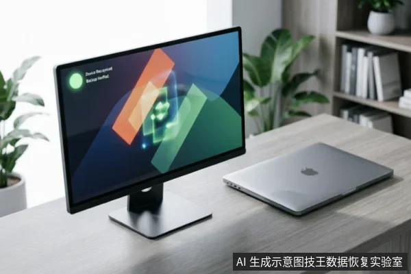 A desktop monitor displaying a 'Device Recognized' status message next to a closed laptop on a wooden desk, illustrating pre-scan device verification.