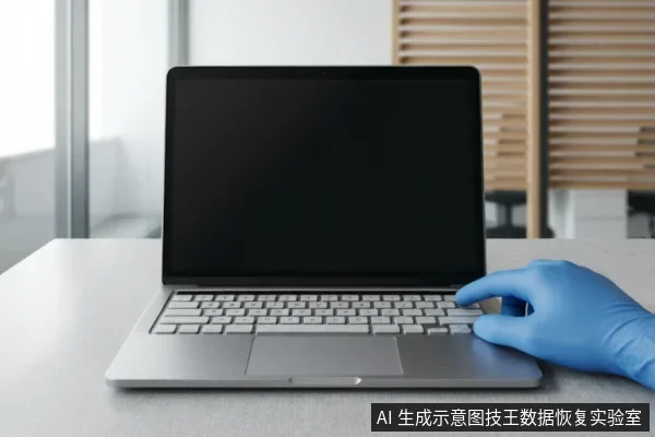 一台屏幕黑屏的银色笔记本电脑放置在桌面上,一只戴着蓝色防护手套的手正按在键盘右侧区域,呈现出检查或操作设备的姿态。