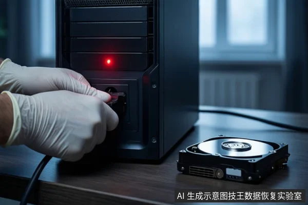 木质桌面上,左侧竖立一台黑色塔式主机,正面亮红灯。前景一双戴白手套的手正在按压主机正面的电源按钮。右侧平放一块打开外壳的机械硬盘,露出盘片与磁头组件。背景为模糊的窗户。