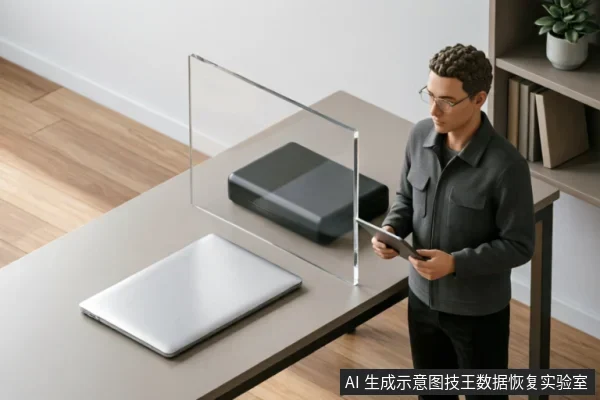 一名戴眼镜的男子站在办公桌前，手持平板电脑查看数据。桌面上放置着一台闭合的银色笔记本电脑和一个黑色长方体存储设备，两者之间竖立着一块透明隔板，象征逻辑与硬件层面的隔离或防护。