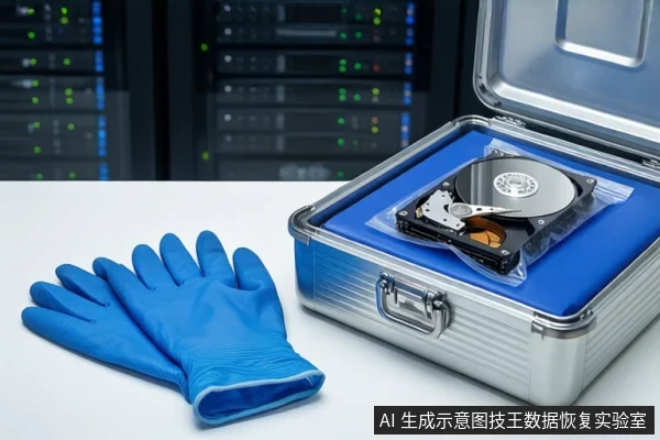 白色桌面上,左侧平放一双蓝色橡胶手套,右侧打开的银色金属防震箱内蓝色垫子上平放一块装在透明袋中的机械硬盘,背景为模糊的服务器机柜。
