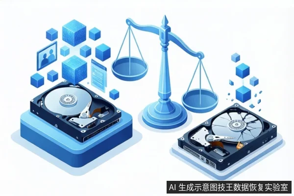 白色背景上,左侧蓝色底座上放着一块打开外壳的机械硬盘,上方悬浮蓝色立方体;中间是蓝色天平;右侧一块盘片开裂的机械硬盘,周围有蓝色碎片。