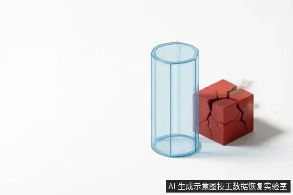画面展示一个透明蓝色圆柱体容器紧挨着一个严重破裂的红色立方体。红色方块表面布满裂纹并伴有烟雾升起,象征内部受损或故障;透明圆柱体完好无损,形成鲜明对比,隐喻在数据恢复中保护原始介质完整性的重要性。