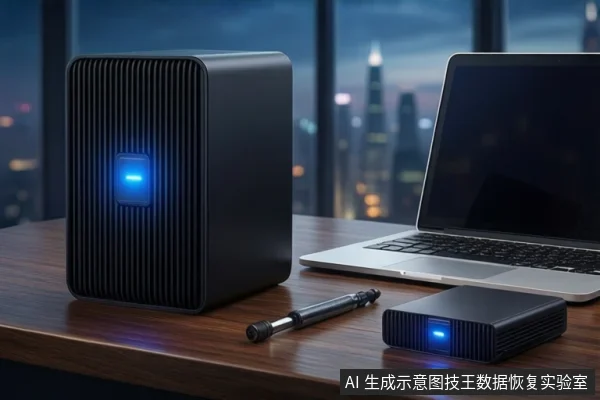 深色木桌上左侧立放一个黑色存储设备,正面亮着蓝色指示灯;右侧有一台银色笔记本电脑,屏幕关闭。前景平放一根黑色线缆和一个小型黑色设备,背景为模糊的城市夜景。