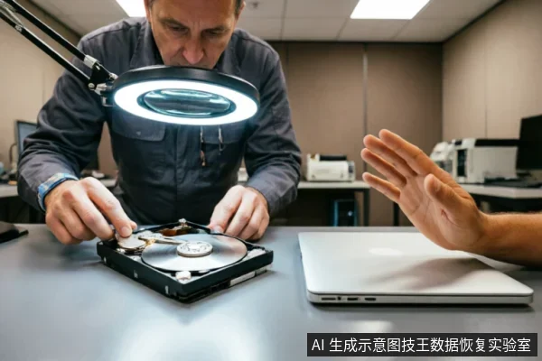 一名技术人员在环形放大镜下专注检查裸露的机械硬盘内部结构，旁边放着一台笔记本电脑，另一只手做出示意停止或等待的手势。画面展示了专业数据恢复场景中对物理硬件进行细致检测的过程。