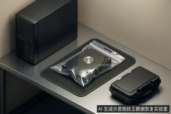桌面上有一台黑色台式主机，旁边黑色垫子上放着一个透明防静电袋，袋内装有一块裸露的机械硬盘，右下角有一个黑色便携防护盒。