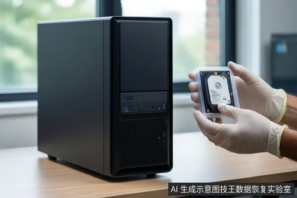木质桌面上放置一台黑色台式主机，右侧一双戴白色手套的手正握持一块机械硬盘，背景为模糊的窗户。