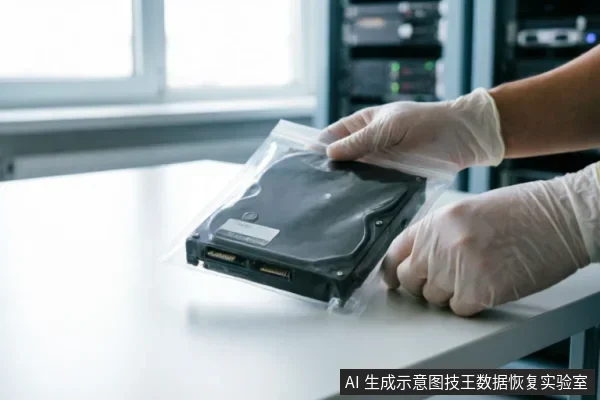 戴着白色防护手套的双手正将一块黑色机械硬盘放入透明防静电密封袋中。背景为模糊的服务器机柜,体现了在专业环境下对故障存储介质进行隔离保护、防止二次损坏的操作场景。