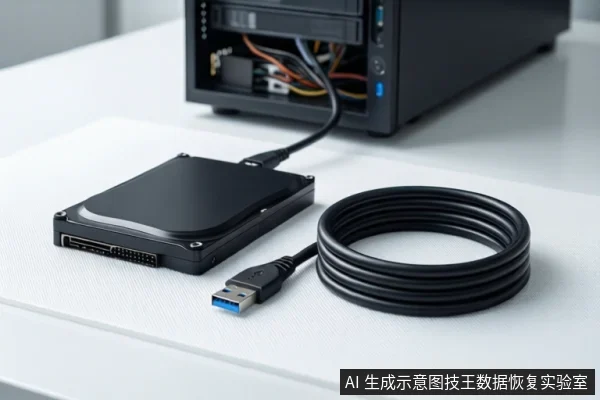 白色桌面上平放一块黑色机械硬盘,通过黑色USB线连接至后方黑色塔式主机,前景盘绕一根USB数据线。
