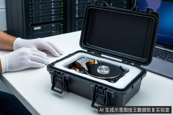 白色桌面上，一个打开的黑色防震箱内固定着一块打开外壳的机械硬盘，露出盘片与磁头组件。左侧一双戴白色手套的手平放在桌面上，右侧是一台打开的笔记本电脑，背景为模糊的服务器机柜。