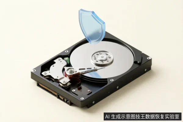 一张展示打开外壳的机械硬盘内部结构的图片，包含磁盘盘片与读写磁头。一个半透明的蓝色盾牌图标悬浮在盘片上方，象征对存储介质的保护或数据安全防护。