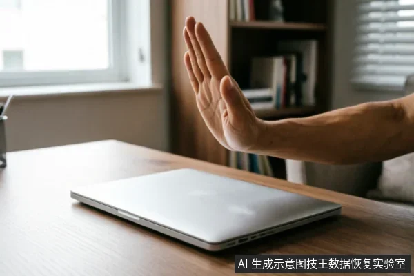一只手掌在闭合的笔记本电脑前做出明显的停止手势,示意拒绝操作或切断连接。背景为模糊的书房环境,包含书架和窗户,强调立即停止通电与软件操作的警示含义。