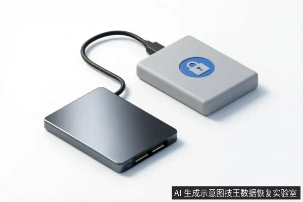 白色背景下展示两个通过黑色线缆连接的外部存储设备。左侧为深灰色金属质感硬盘,侧面可见接口;右侧为浅灰色方块设备,表面印有醒目的蓝色开锁图标,象征数据解锁或安全访问功能。
