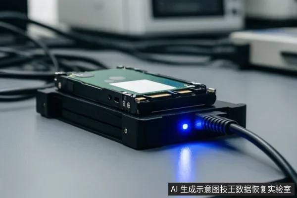 一块裸露的固态硬盘放置在黑色底座上,底座侧面亮着蓝色指示灯,并连接有一根黑色线缆,背景为模糊的桌面和线缆。