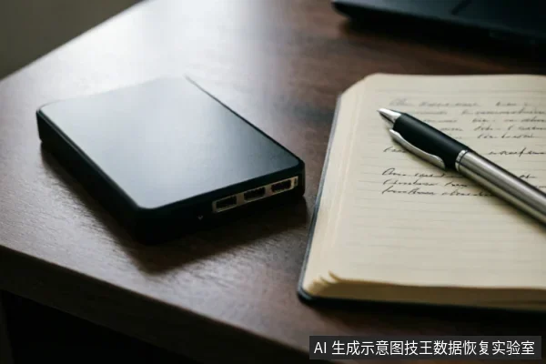 木质桌面上放置着一个黑色的外接移动硬盘,旁边有一本打开的记事本和一支笔。画面展示了设备静置状态及记录信息的场景,无通电连接动作。