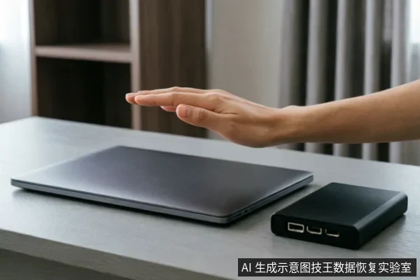 一只手掌悬停在闭合的笔记本电脑上方,做出停止或拒绝的手势。旁边桌面上放置着一个黑色的移动存储设备,整体画面示意在遇到故障时应立即停止操作、避免进一步通电或干预。