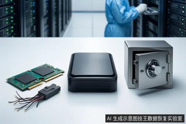 洁净室白色桌面上，左侧平放一块绿色固态硬盘电路板及一根黑色SATA数据线，中间为黑色移动硬盘，右侧为打开的银色金属防震箱。背景可见服务器机柜和穿蓝色无尘服的技术人员。