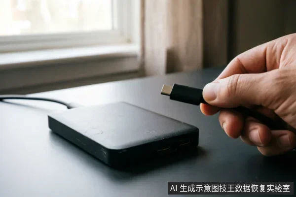 一只手正拿着USB数据线，准备连接放置在桌面上的黑色移动硬盘。画面展示了数据恢复或故障排查前检查外部连接链的场景，主体清晰，无多余文字。
