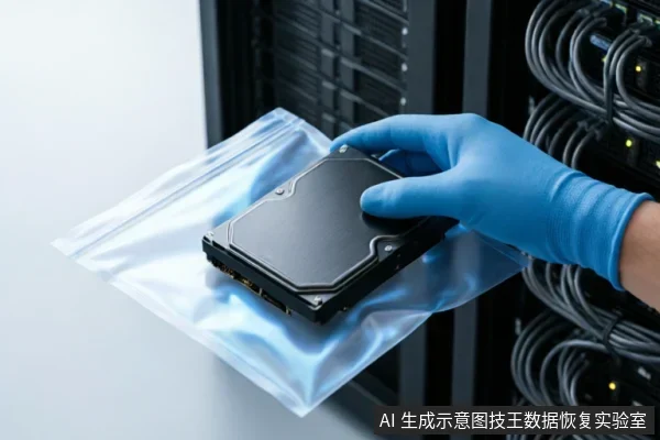 一只戴着蓝色防静电手套的手正拿着装在透明密封袋中的机械硬盘,背景为服务器机柜及线缆。画面展示了在专业数据恢复环境中对故障硬盘进行规范防护与提取的场景。
